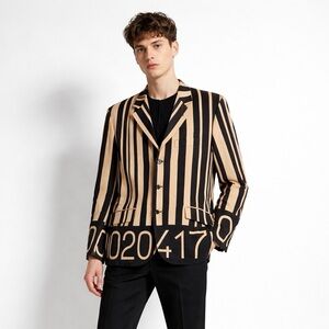 Vintage 90s Moschino Blazer Mens US 40 Tan Black Stripe Lightweight Wool Jacket